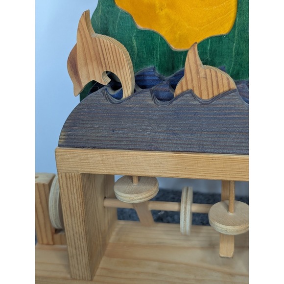 Vintage Wooden Automaton Hand Crank Wood Toy Decor Dolphin Sunset Palm Trees - Picture 8 of 14